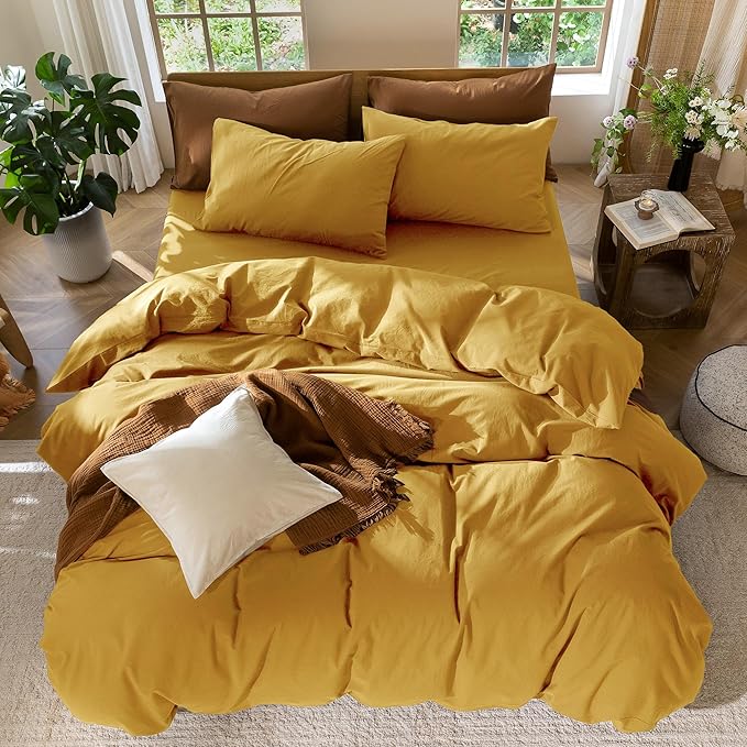 MooMee Bedding Duvet Cover Set 100% Washed Cotton Linen Like Textured Breathable Durable Soft Comfy (Solid Yellow, Twin 68"x90")