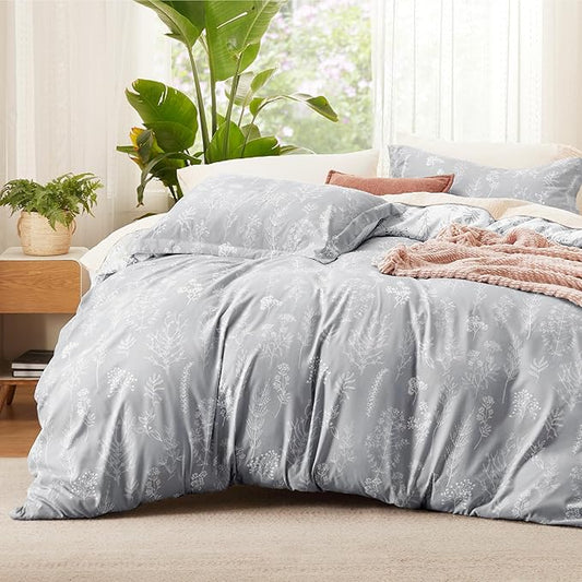 Bedsure Duvet Cover Full Size - Reversible Grey Full Duvet Cover Set with Zipper Closure, 3 Pieces Cute Floral Botanical Pattern Bedding Set with 8 Corner Ties and 2 Pillow Shams