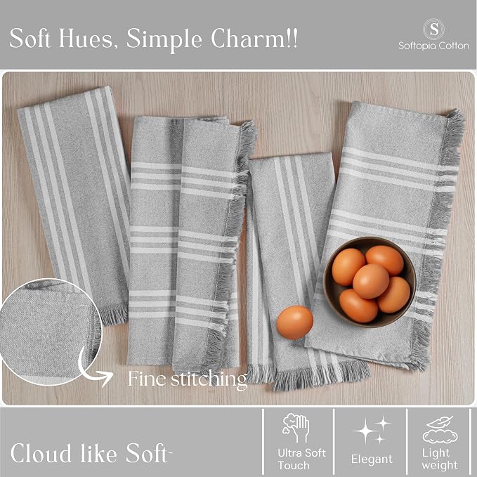 Prewashed Stripe Kitchen Towels 12 Pack, 100% Cotton Tea Towels, 16"x26" Quick Dry Dish Cloths for Drying, Reusable Wash Cloths for Cleaning, Absorbent and Washable - Light Grey