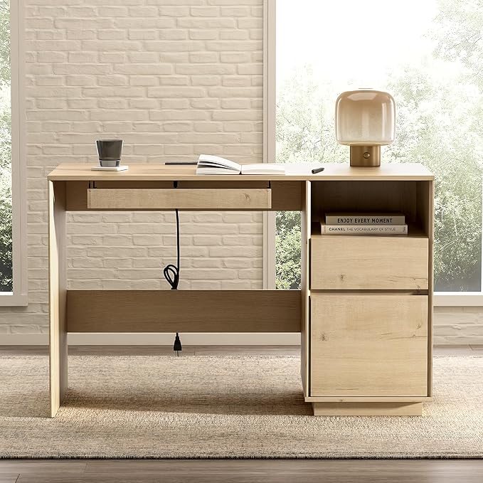 Farmhouse Computer Desk, 47" Home Office Desk with File Drawer & Open Storage & Power Outlet, Large Wooden Executive Desk for Study Writing, Light Oak