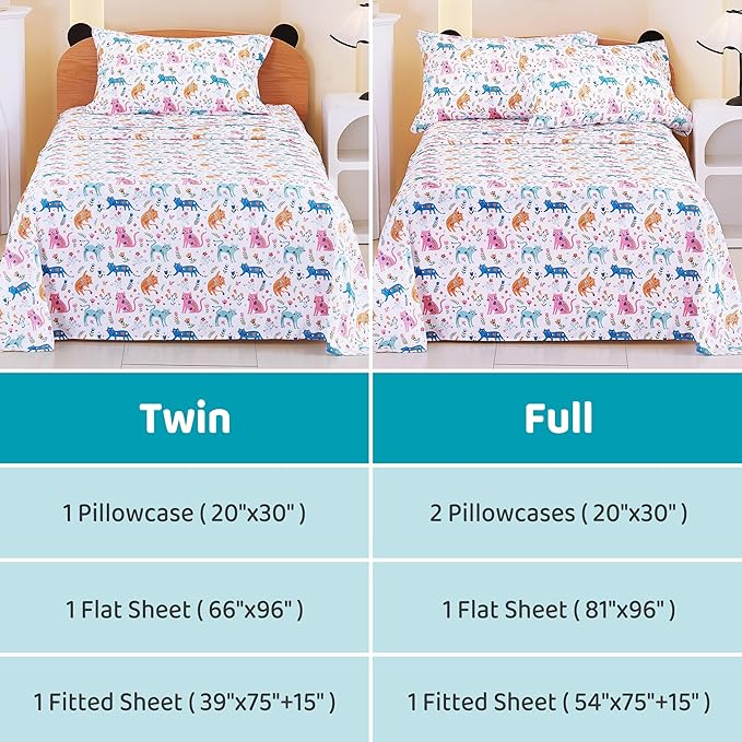 Viviland 4 Pieces Girls Pink Cat Full Sheet Set - Soft Microfiber Fitted Flat Sheets & Pillowcase - Kids Colorful Floral Leaf Print Bedding Sets - for Kids & Toddlers