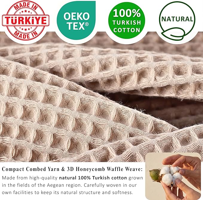 PÜSKÜL 4-Piece Natural 100% Turkish Cotton Luxury Waffle Towels for Bathroom | Premium Honeycomb Weave 2 Hand Towel & 2 Bath Towel Set | Soft Absorbent Quick-Dry Lightweight Towels (Beige)