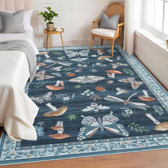 5x7 Washable Mushroom Floral Small Rug Non Slip Living Room Vintage Area Rug Low Pile Soft Bedroom Rugs Non Shedding Kitchen Rugs Boho Retro Indoor Carpet for Kids Nursery Room, Blue