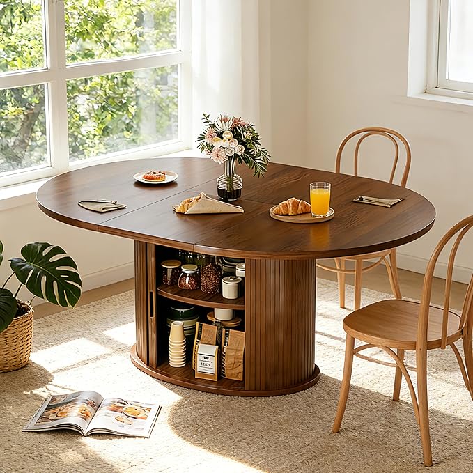 Extendable Round Dining Table for 2-4-6, 63 Inch Dining Room Kitchen Table with 2-Tier Storage Shelf, Modern Farmhouse Fluted Wood Slide Door Dinner Furniture,Oval Circle(Walnut-63 Inch)
