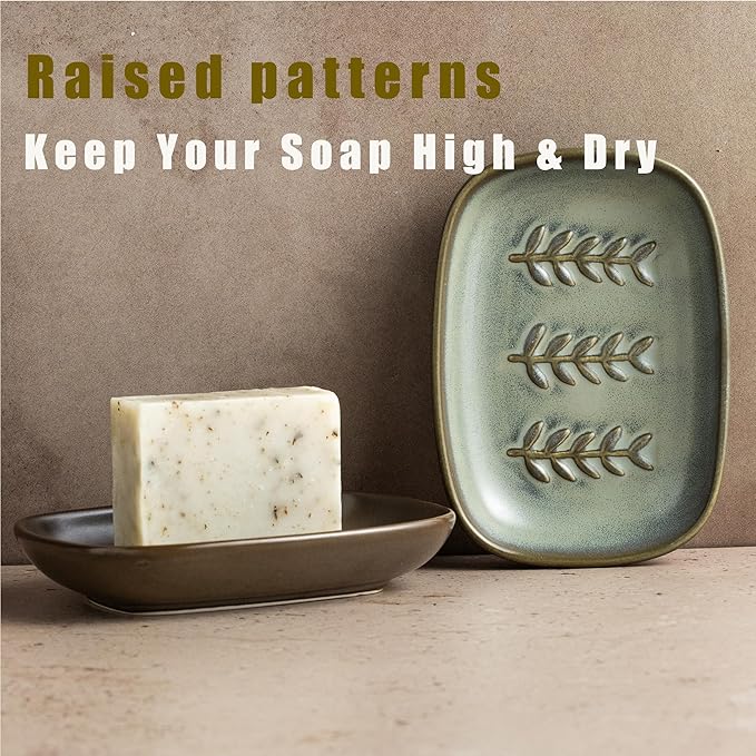 Miamolo Soap Dish Soap Holder Shower, Ceramic Soap Dishes for Bar Soap Sponge, Farmhouse Shower Soap Dish, Large Soap Saver Tray for Bathroom Kitchen Sink, Easy Cleaning, Extend Soap Life, Brown