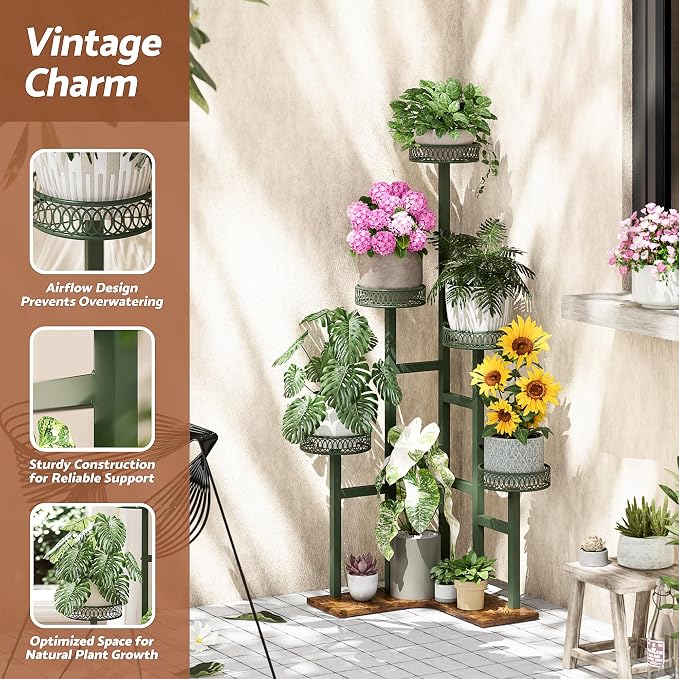 Wood Corner Stand Plants, 5 Tiered Wood Plant Stands Tall Indoor,Heavy Duty Metal Flower Pot Stands for Multiple Plants,Decoration Display Racks for Patio Garden -GreenFlower
