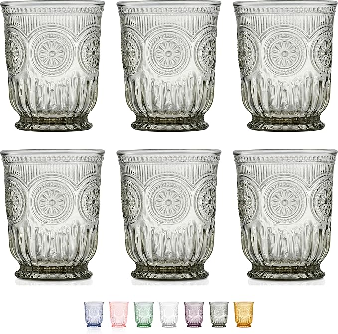 Black Glassware set of 6 smoke drinking glasses, 8 oz water glasses textured colored vintage glass cups dishwasher safe