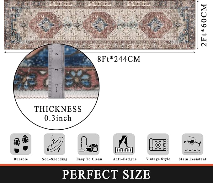 vivorug Runner Rug 2'x8' Vintage Washable Non-Slip Runners for Hallways Kitchen Entryway Laundry Room Carpet Hallway Runner Brown