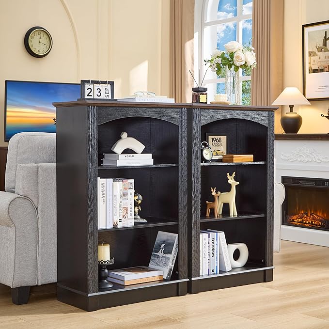Black Bookshelf, 3 Tier Bookcase and Kids Bookshelf, Small Storage Cabinet with Wooden Cube Storage Organizer, Modern Book Shelf for Bedroom Furniture, Living Room, Office, Toy Organizer Cabinet