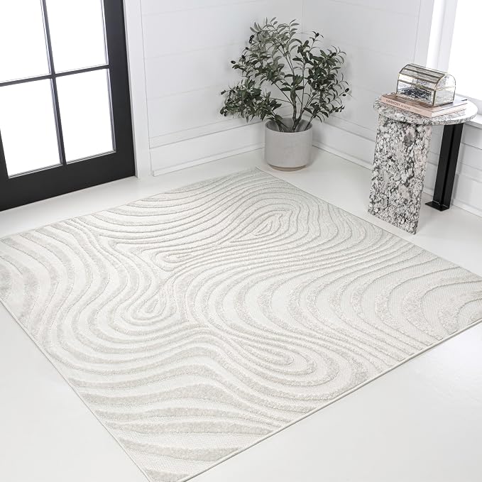 JONATHAN Y Maribo High-Low Abstract Striped Cream/Ivory 5x5 Square Indoor/Outdoor Area Rug, Pet Friendly, Non-Shedding, Stain Resistant, Easy-Cleaning for Backyard, Patio, Porch (SCN103A-5SQ)