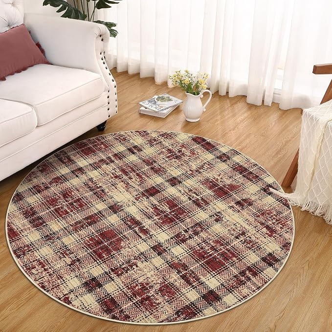 Tartan Plaid Round Area Rugs 4ft, Washable Non-Slip Soft Small Round Rug 4x4 Ultra-Thin Circle Low Pile Stain Resistant Carpet for Bedroom Entryway Kitchen Laundry Bathroom, Red