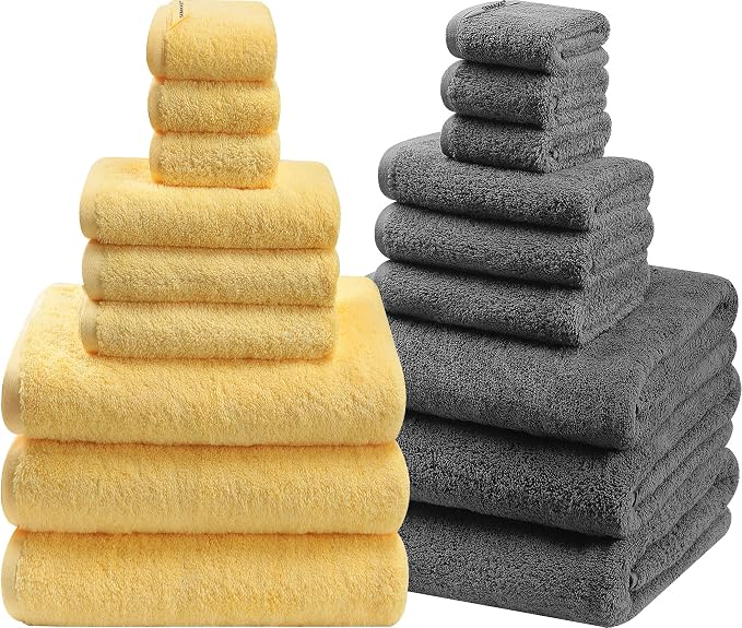 SEMAXE Bath Towel Set, 18 Piece Towel Set for Bathroom, Large Value Pack, Quick Dry Cotton Towels with Hanging Loops, Easy Care, Yellow & Gray