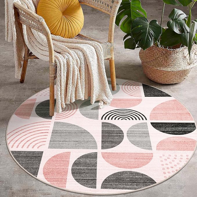 MUJOO Round Rug 4ft,Small Circle Area Rug Washable,Circular Rugs for Entryway Bedroom Kitchen,Boho Non Slip Throw Floor Carpet Modern Abstract Pink and Grey