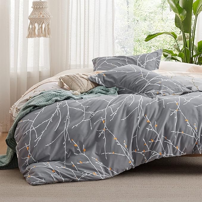 Bedsure Duvet Cover Queen Size - Reversible Tree Branch Duvet Cover Set with Zipper Closure, 3 Pieces Grey Bedding Set with 8 Corner Ties and 2 Pillow Shams 20"x26"