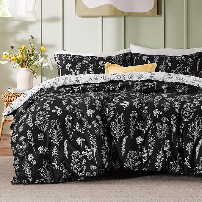 Bedsure Twin/Twin XL Comforter Set - Black Bed Set, 2 Pieces Cute Floral Bedding, 1 Soft Reversible Botanical Flowers Comforter and 1 Pillow Sham