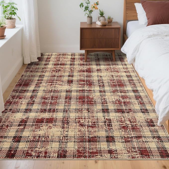Washable Rugs 5x7 Rug for Living Room Bedroom Rug Modern Plaid Area Rug Soft Carpet 5'x7' Red