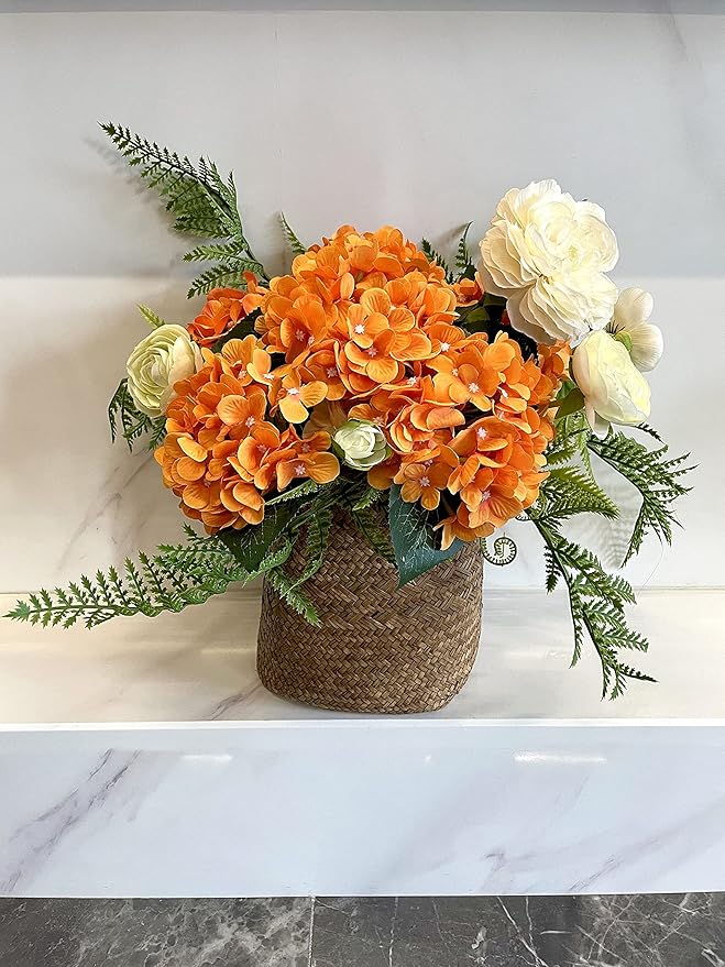 Silk Hydrangea Heads with Stems Artificial Flowers Heads for Home Wedding Decor,Pack of 10 (Light Orange)