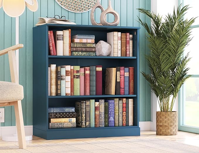 Palace Imports Solid Wood Bookcase - 3 Tier Floor Standing Bookshelf - 36" Short Storage Shelf, 32” W - Teal Blue, Display Furniture for Room, Renewable 100% Eco-Friendly Wood, Made in Brazil