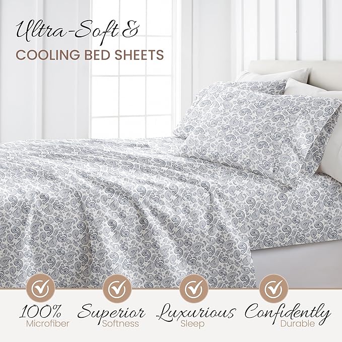 Linen Market Patterned Microfiber King Sheet Set 4 Piece – Oeko-TEX Certified Ultra Soft & Wrinkle-Free - 16" Deep Pocket Sheets - Easy Care King Size - Coarse Paisley Navy