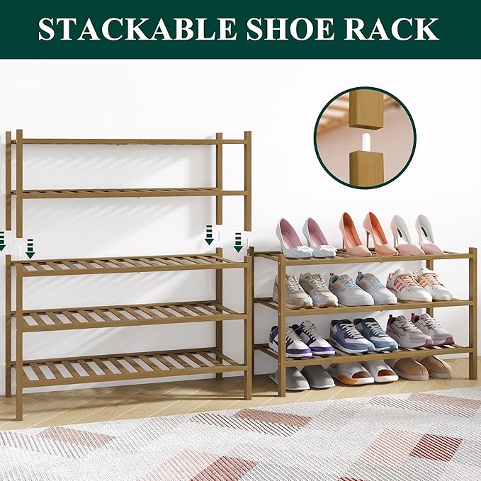 Smiry Bamboo Shoe Rack for Closet, 3 Tier Wooden Stackable Shoe Organizer, Free Standing Shoes Storage Shelf for Entryway, Front Door Entrance, Walnut
