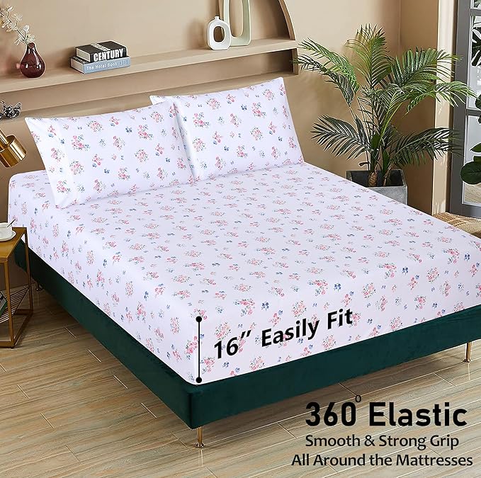 RUVANTI 100% Cotton King Size Sheets Set, 4 Pieces, Soft & Breathable Percale Weave Bedding, Deep Pocket 16", Hotel Standard, Crisp Cool Feel, Durable, Perfect Floral Bed Sheet, Funa Flora