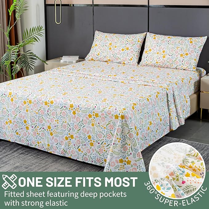 Bedlifes King Size Extra Deep Pocket Sheet Sets - Fits Mattresses Up to 18-24" Thick, 4-Piece Microfiber Set with 1800 Thread Count, Soft, Smooth, Breathable, Featuring Floral