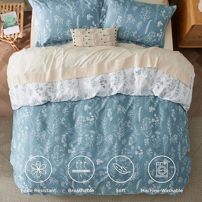 Bedsure Duvet Cover King Size - Reversible Mineral Blue King Duvet Cover Set with Zipper Closure, 3 Pieces Floral Patterned Bedding Set with 8 Corner Ties and 2 Pillow Shams