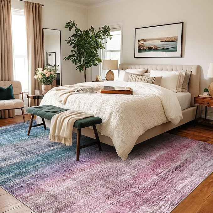 Kokia Abstract Area Rugs 8x10 Bedroom Soft Living Room Rugs Washable Distressed Vintage Comfy Red Carpet with Non-Slip Backing for Farmhouse Home Office Room Decor, Oslo Orchid