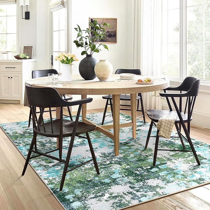 GAOMON 9x12 Washable Boho Chic Abstract Watercolor Design Area Rug Low Pile Thin Living Room Rug Non Slip Soft Bedroom Rug Abstract Accent Carpet for Dining Room Nursery, Green/Turquoise