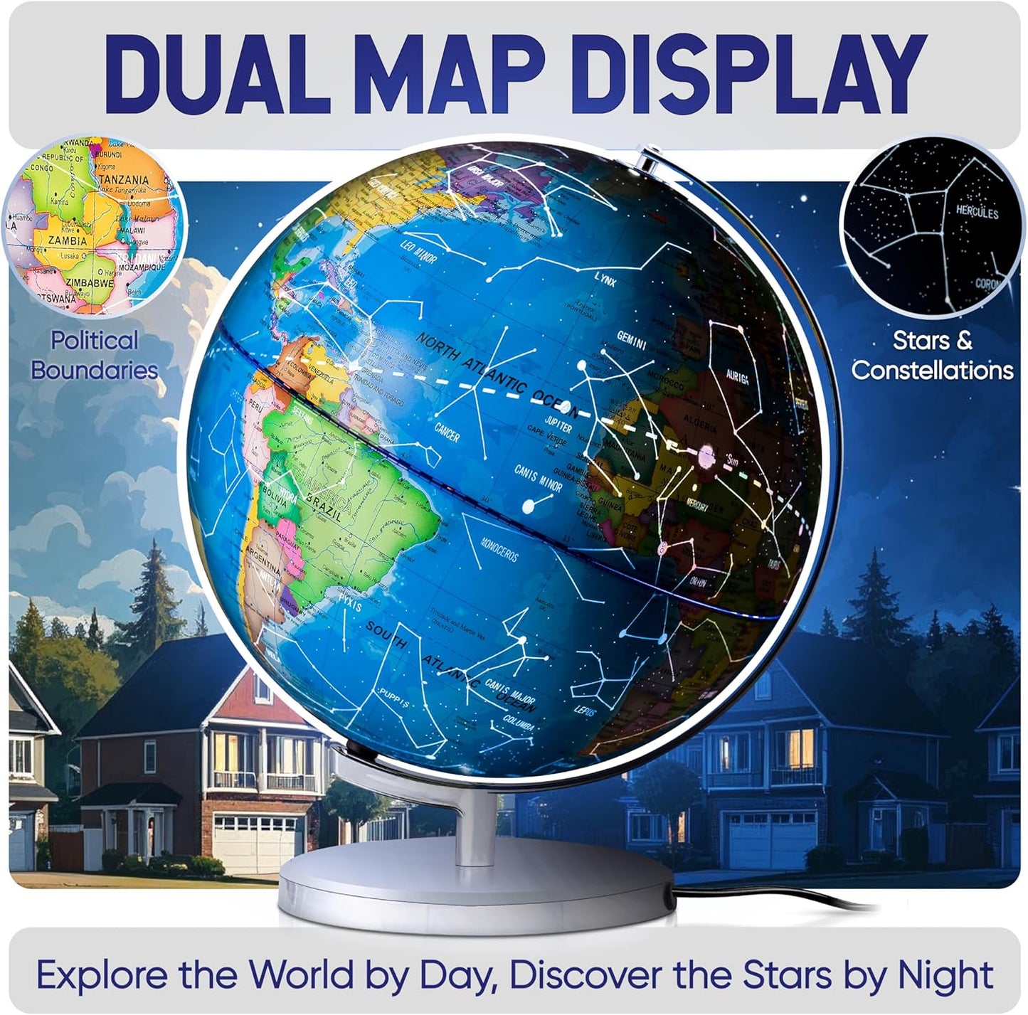 Smart Wallaby 9" Illuminated Kids World Globe - Interactive STEM Flags & Card Game, LED Night Light