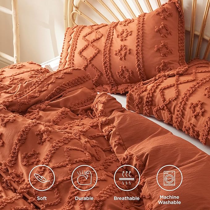 Bedsure Boho Duvet Cover Queen Size, Soft & Comfortable Elegant Design Boho Bedding for Decoration, Machine Washable Comforter Cover for All Seasons,Includes 1 Duvet Cover & 2 Pillow Shams,Terracotta