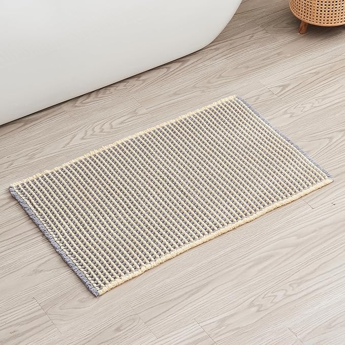 Douceur Waffle Bath mat for Bathroom Floor Non Slip, Super Soft Acrylic Blend Bath Rugs with Tassels, Quick Dry Bathroom Rugs Machine Washable, 20" x 32", Grey&Yellow