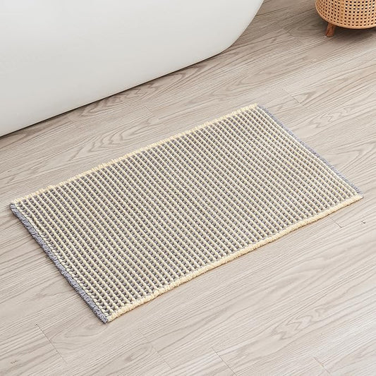 Douceur Waffle Bath mat for Bathroom Floor Non Slip, Super Soft Acrylic Blend Bath Rugs with Tassels, Quick Dry Bathroom Rugs Machine Washable, 20" x 32", Grey&Yellow