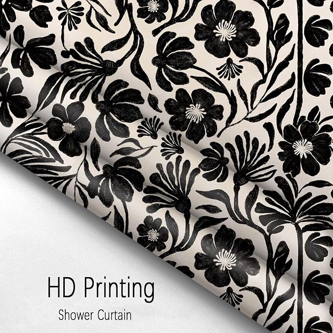 Black Boho Vintage Floral Shower Curtain，Mid Century Modern Retro Cute Abstract Flower Leaves Aesthetic Bathroom Decoration，Polyester Fabric Waterproof Bath Curtain 72x72 Inch with 12 Hooks