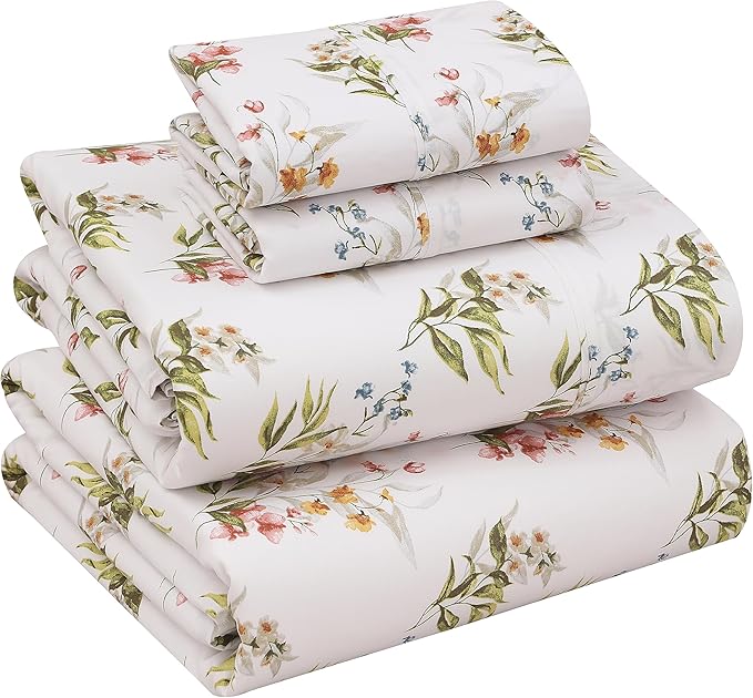 RUVANTI 100% Cotton Full Size Bed Sheets, 4 Pieces, Soft & Breathable Percale Weave Bedding, Deep Pocket 16", Hotel Standard, Crisp Cool Feel, Durable, Perfect Sheet Set Floral, Floral Bliss