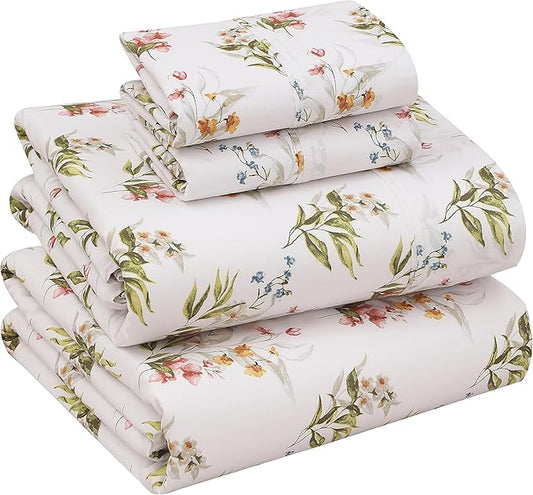 RUVANTI 100% Cotton Full Size Bed Sheets, 4 Pieces, Soft & Breathable Percale Weave Bedding, Deep Pocket 16", Hotel Standard, Crisp Cool Feel, Durable, Perfect Sheet Set Floral, Floral Bliss