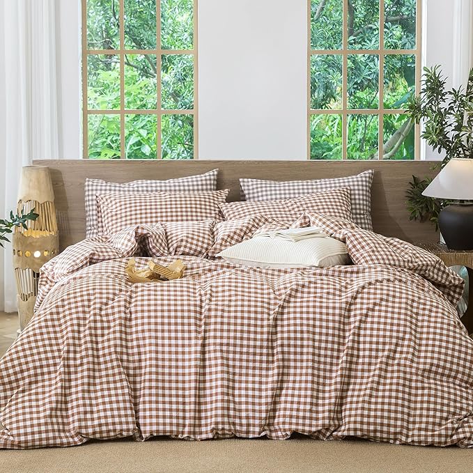 MooMee Gingham Duvet Cover Set 100% Washed Cotton Linen Like Textured Breathable Durable Soft Comfy Modern Checkered Design (Dark Orange Gingham, King 104"x90")