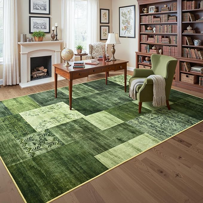 Tepook 8x10 Green Area Rugs for Living Room, Modern Large Geometric Rug for Bedroom, Washable Patchwork Rug Indoor Non Slip Throw Carpets for Dining Room Office Farmhouse Home Decor