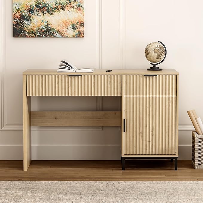 47" Fluted Executive Desk, Modern Wood Home Office Desk with Charging Station, Drawer & Cabinet, Computer Writing Desk for Work Study, Light Oak