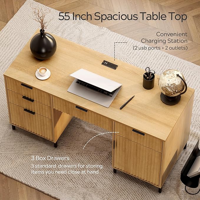 55" Fluted Executive Desk, Modern Home Office Desk with Charging Station, Keyboard Tray, File Drawer, Storage Cabinet for Work Study Writing Desk, Natural Oak