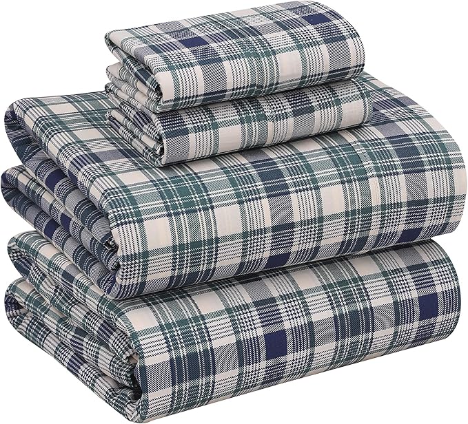 RUVANTI 100% Cotton King Size Sheets Set, 4 Pieces, Soft & Breathable Percale Weave Bedding, Deep Pocket 16", Hotel Standard, Crisp Cool Feel, Durable, Perfect Plaid Bed Sheet, Greenish Blue Plaid