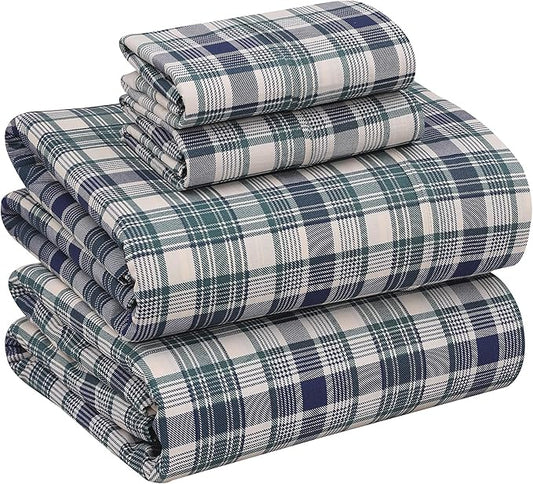 RUVANTI 100% Cotton King Size Sheets Set, 4 Pieces, Soft & Breathable Percale Weave Bedding, Deep Pocket 16", Hotel Standard, Crisp Cool Feel, Durable, Perfect Plaid Bed Sheet, Greenish Blue Plaid