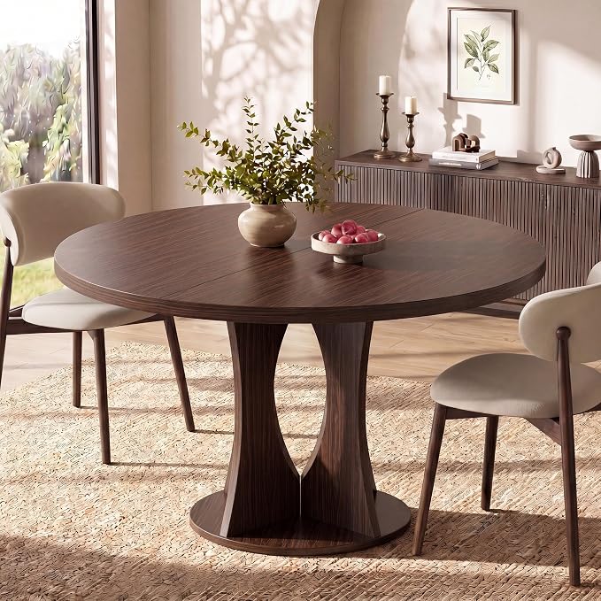 Einhomn 47.2-inch Round Dining Table, Kitchen Table for 4-6, Farmhouse Circle Dining Room Table, Space Saving Wood Kitchen & Dining Room Furniture, Black Oak