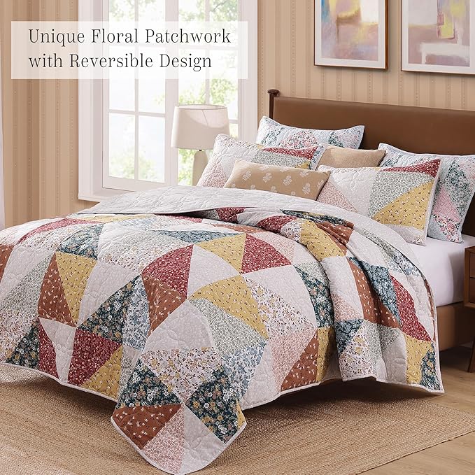 Quilt Set Twin Size, Patchwork Burnt Orange Floral Quilt Sets, Reversible Bedspread Lightweight and Breathable for All Seasons, Soft Quilted Bedspread with 1 Pillow Sham