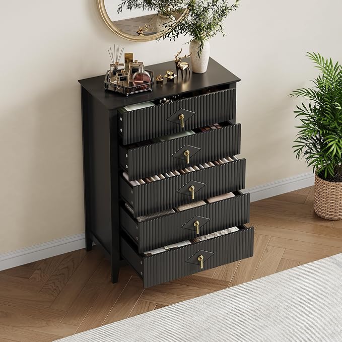 GarveeHome Fluted Dresser for Bedroom, 42.9" Tall 5-Drawer Wood Dresser, Modern Chest of Drawers, Storage Organizer Cabinet for Living Room, Hallway, Entryway, Black