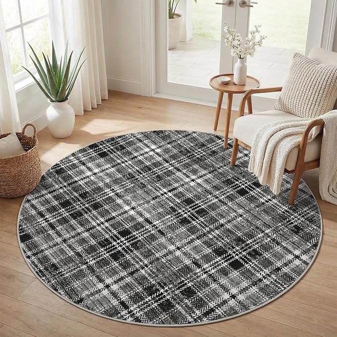 Tartan Plaid Washable Rug, Soft Round Rugs 5ft Circle Carpets for Bedroom Modern Ultra-Thin, Circular Carpet for Living Room Nursery Dorm Bedside, Black