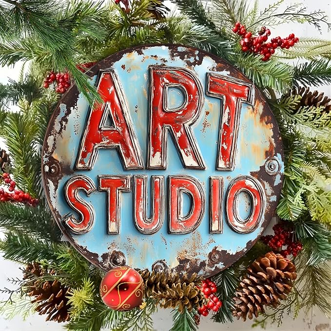 Room Decor 1pc Vintage Art Studio Metal Sign, Frameless Aluminum Wall Decor, 8x8 inches, Waterproof & Weather Resistant, with Pre-Drilled Holes for Easy Mounting, Living Room, Garage