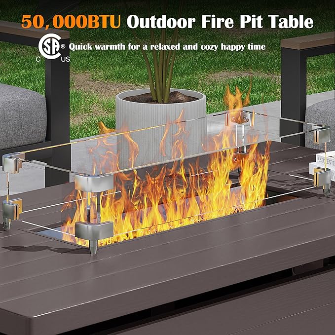 Sundale Outdoor 51 Inch Outdoor Fire Pit Table, 50,000BTU Rectangle Propane Fire Pit with Sliding Tank Holder, Glass Wind Guard, Removable Lid, CSA Certified, Brown