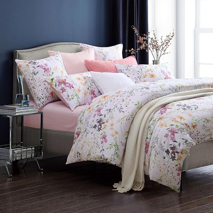 Brandream 100% Egyptian Cotton Bedding Set Full Size - 3 Pieces Floral Print Duvet Quilt Cover Sets with Button Closure