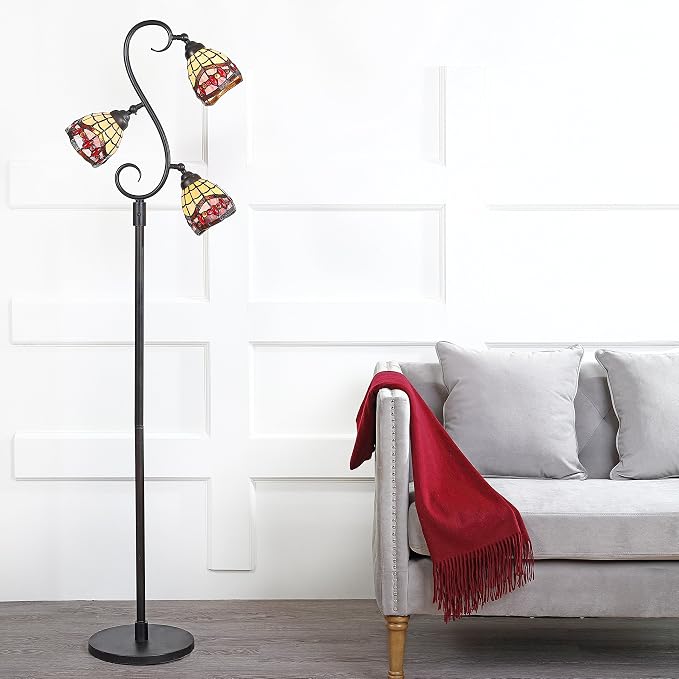 JONATHAN Y 70.5" Bronze 3-Light Tiffany-Style Stained Glass LED Floor Lamp, Traditional Handcrafted Iron Tree Lamp for Living Room, Multi-Color, LED Bulbs Included, UL Listed JYL8013A